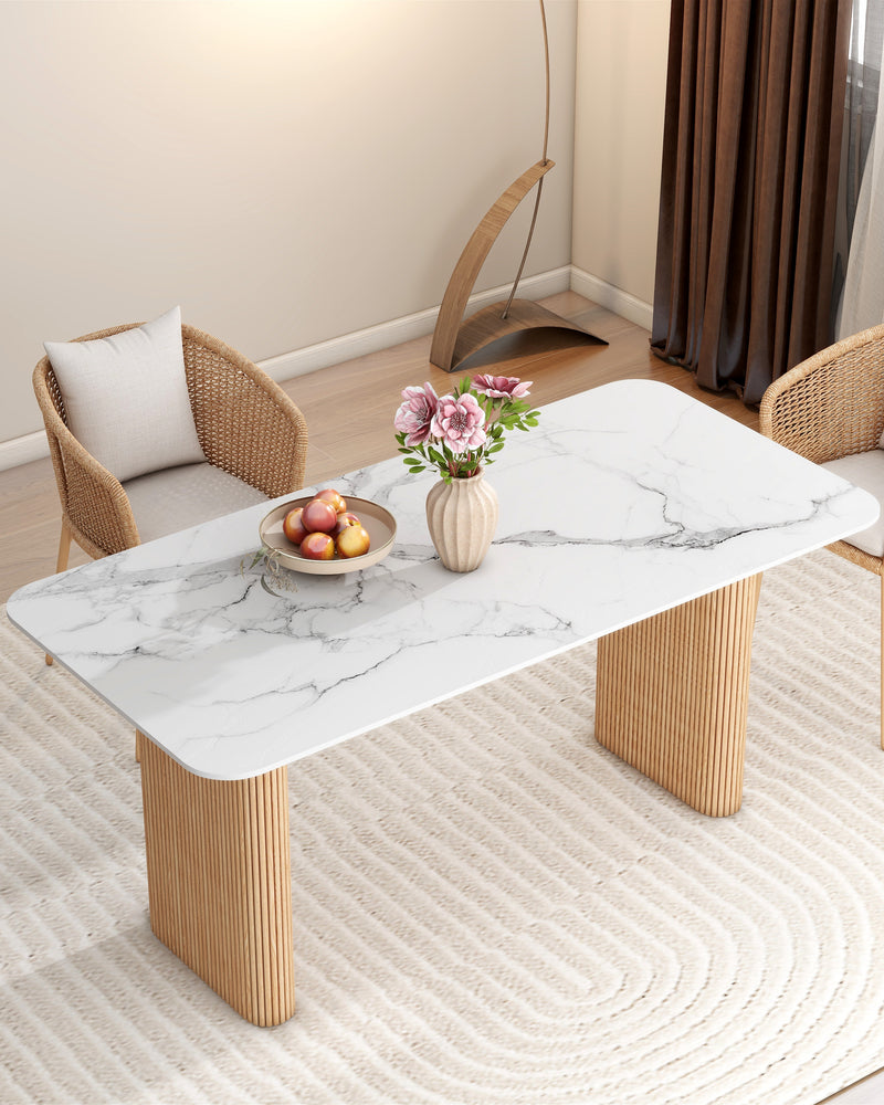Marble Top Dining Table with Pedestal Grain Wood Base