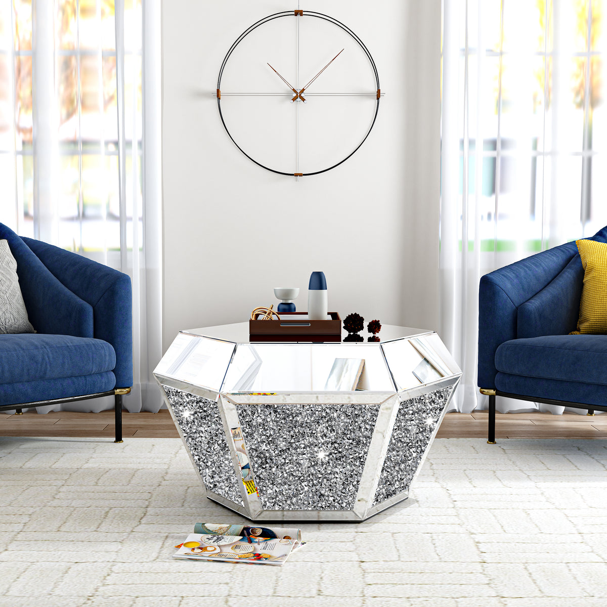Coffee Table Mirrored Glass Finished with Crushed Diamond