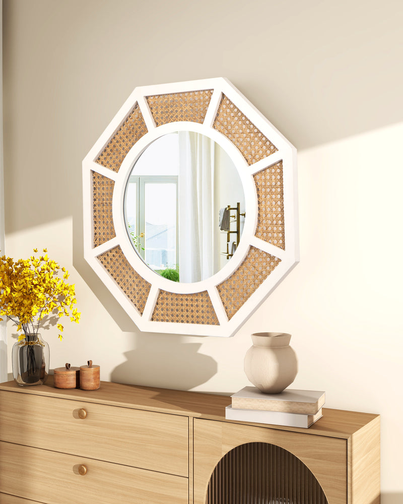 Large Rattan Mirror for Wall Decor Boho White Frame Wood