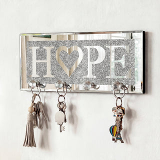 Mirrored HOPE Key Holder with Crystal Hooks Sparkly Silver Mirror Wall Decor