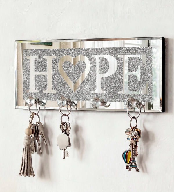 Mirrored HOPE Key Holder with Crystal Hooks Sparkly Silver Mirror Wall Decor