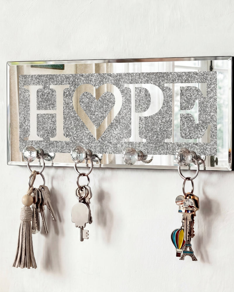 Mirrored HOPE Key Holder with Crystal Hooks Sparkly Silver Mirror Wall Decor