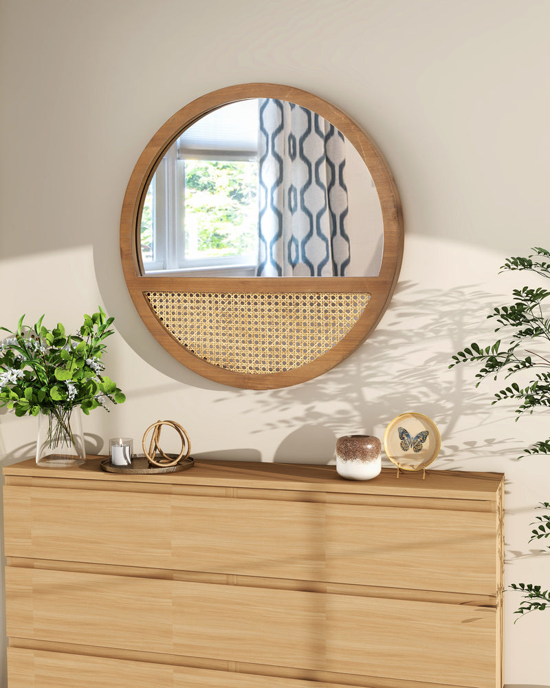 Rattan Round Mirror Bohemian Accent Wall Mirror