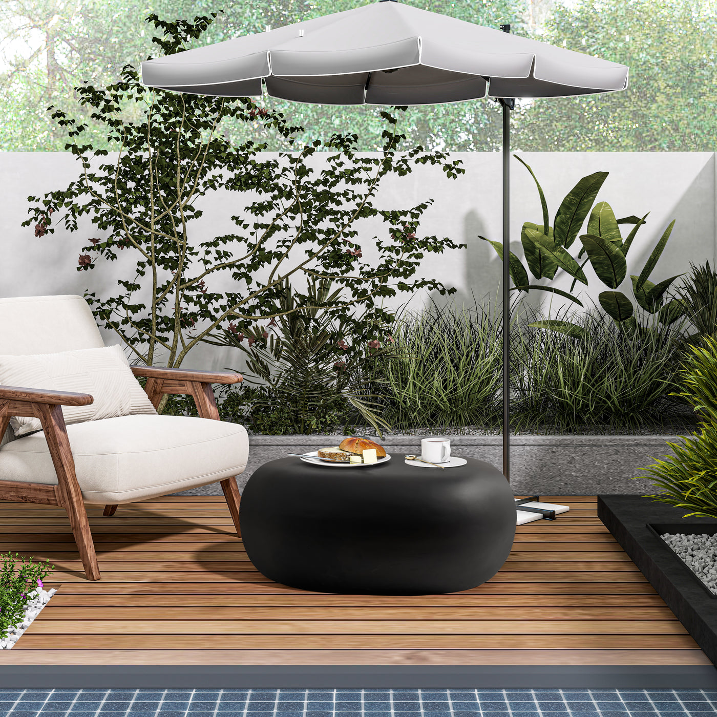 Moderner Couchtisch aus Beton für die Terrasse, robuster, wetterfester Beistelltisch