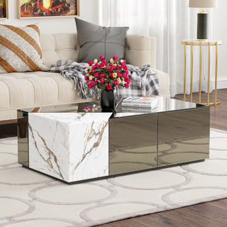 Mirrored Block Coffee Table With Unique Marble Patchwork Design