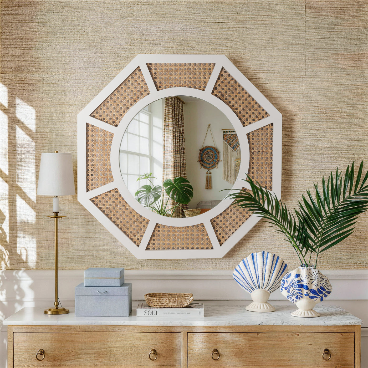 Large Rattan Mirror for Wall Decor Boho White Frame Wood
