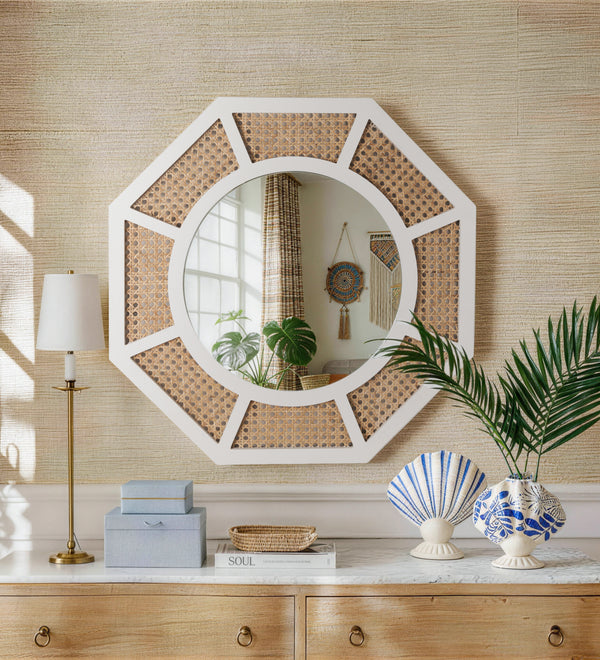 Large Rattan Mirror for Wall Decor Boho White Frame Wood