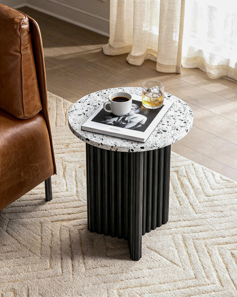 Modern Fluted Round Side Table with White Marble-look Top