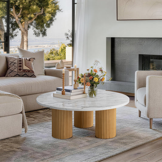 Modern Round Coffee Table with White Faux Marble Top
