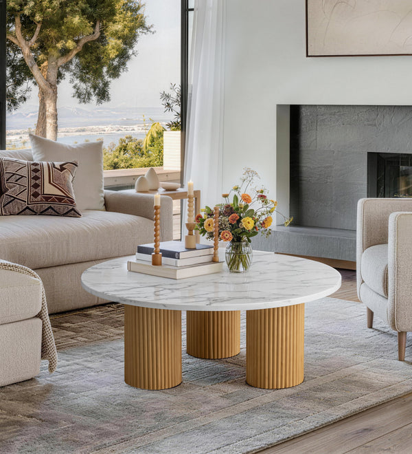 Modern Round Coffee Table with White Faux Marble Top