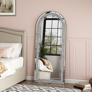 SHYFOY Glass Framed Arched-Top Floor Mirror with Crushed Diamond
