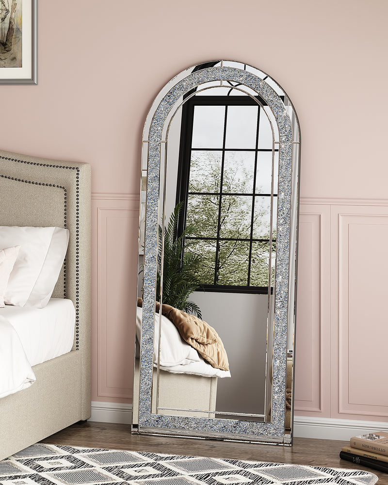 SHYFOY Glass Framed Arched-Top Floor Mirror with Crushed Diamond