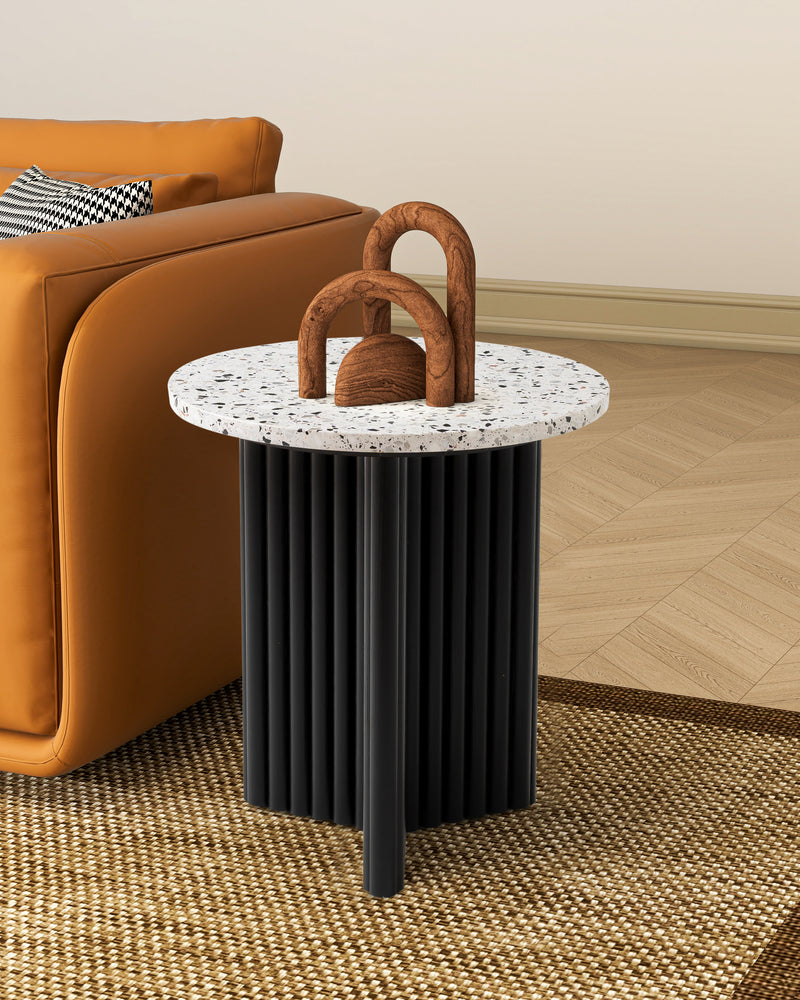 Modern Fluted Round Side Table with White Marble-look Top