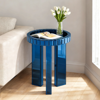 Blue Mirrored End Table, 23" H Round Glass Side Table with Three Legs