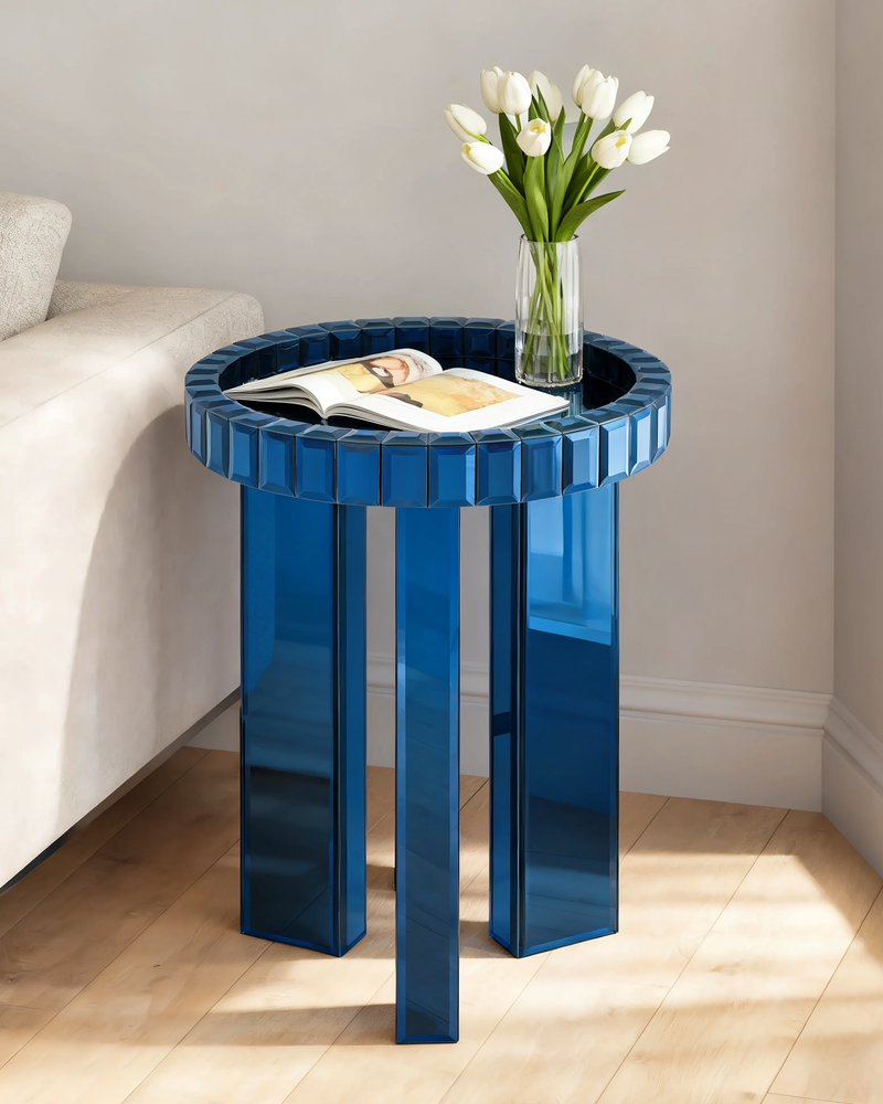 Blue Mirrored End Table,  Round Glass Side Table with Three Legs
