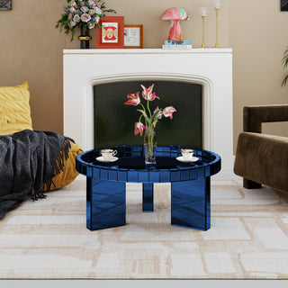 Blue Round Glass Tray Top Coffee Table