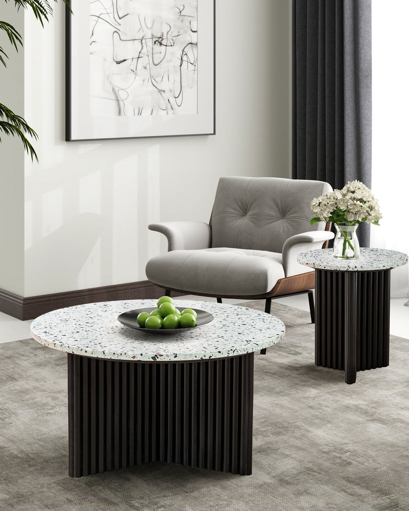 Modern Round Coffee Table with Ribbed Black Base – Minimalist Living Room Accent
