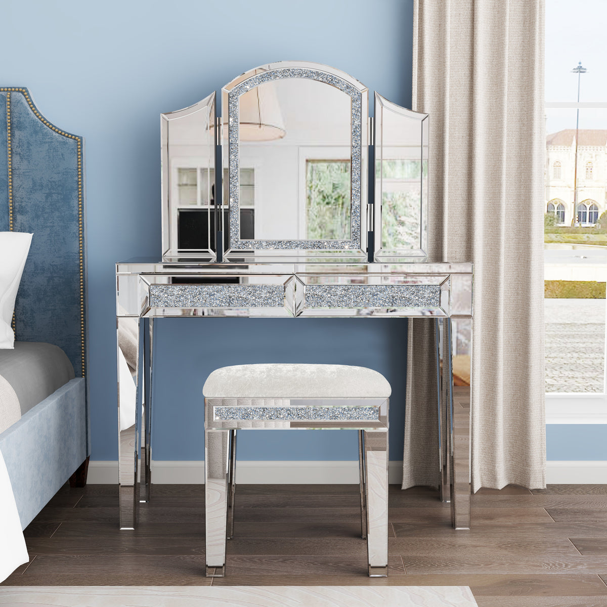 White Mirror Diamond Vanity Stool with Velvet Upholstered Seat