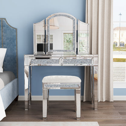 White Mirror Diamond Vanity Stool with Velvet Upholstered Seat