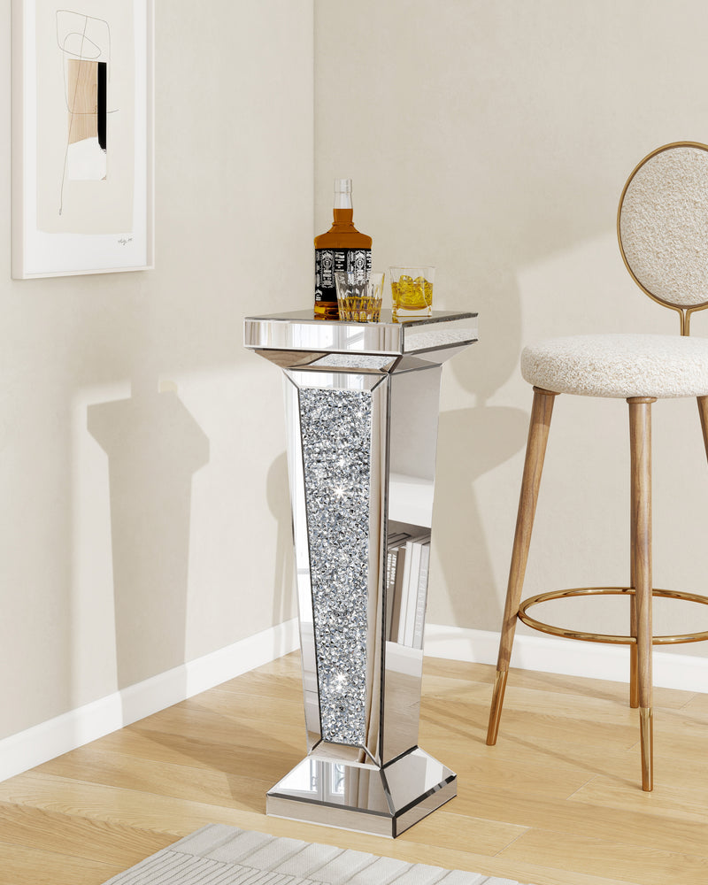 Tall Pedestal Mirrored Glass Top End Table