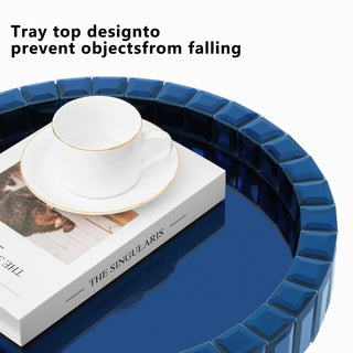 Blue Mirrored End Table, 23" H Round Glass Side Table with Three Legs