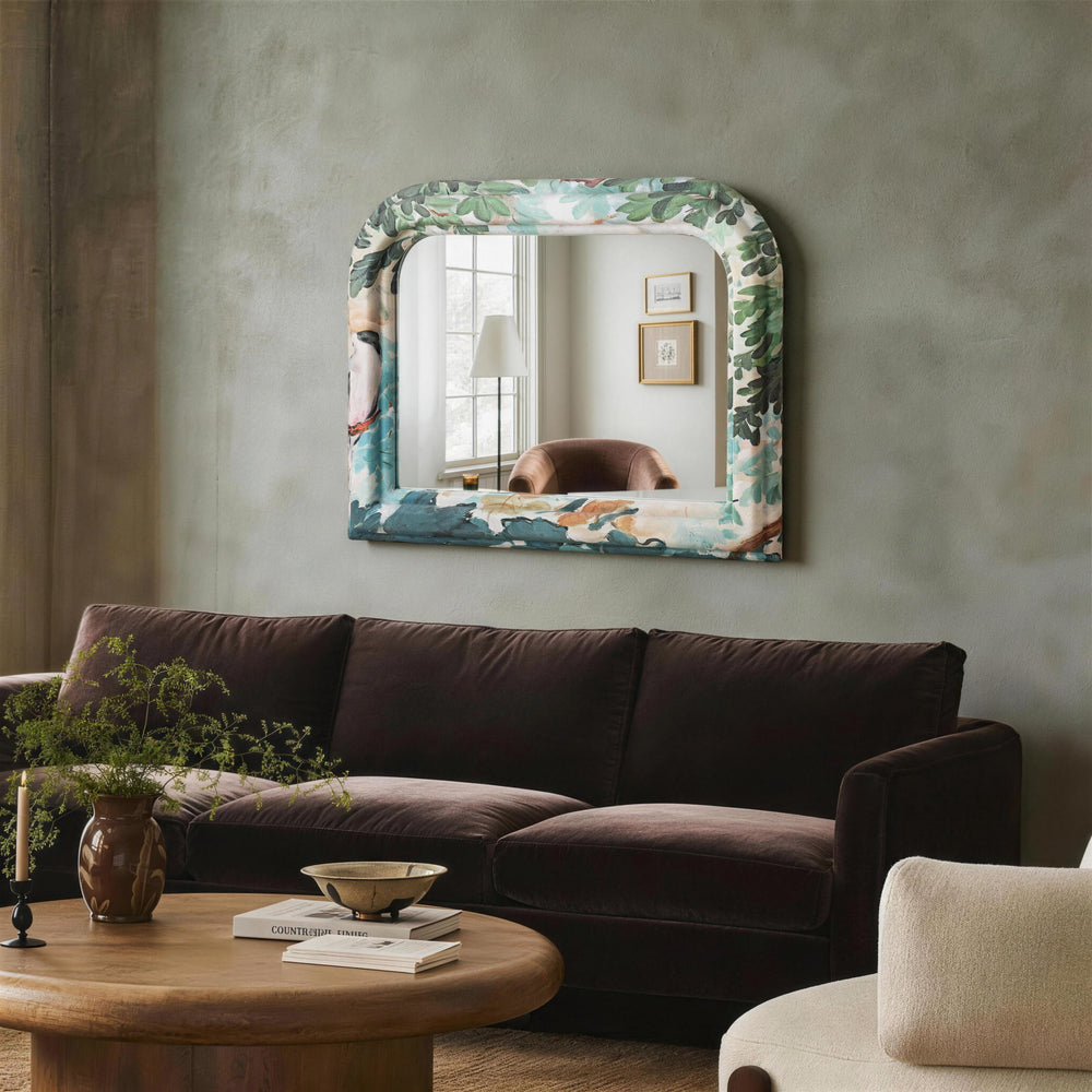 Arched Floral Fabric Wrapped Wood Frame Horizontal Wall Mirror