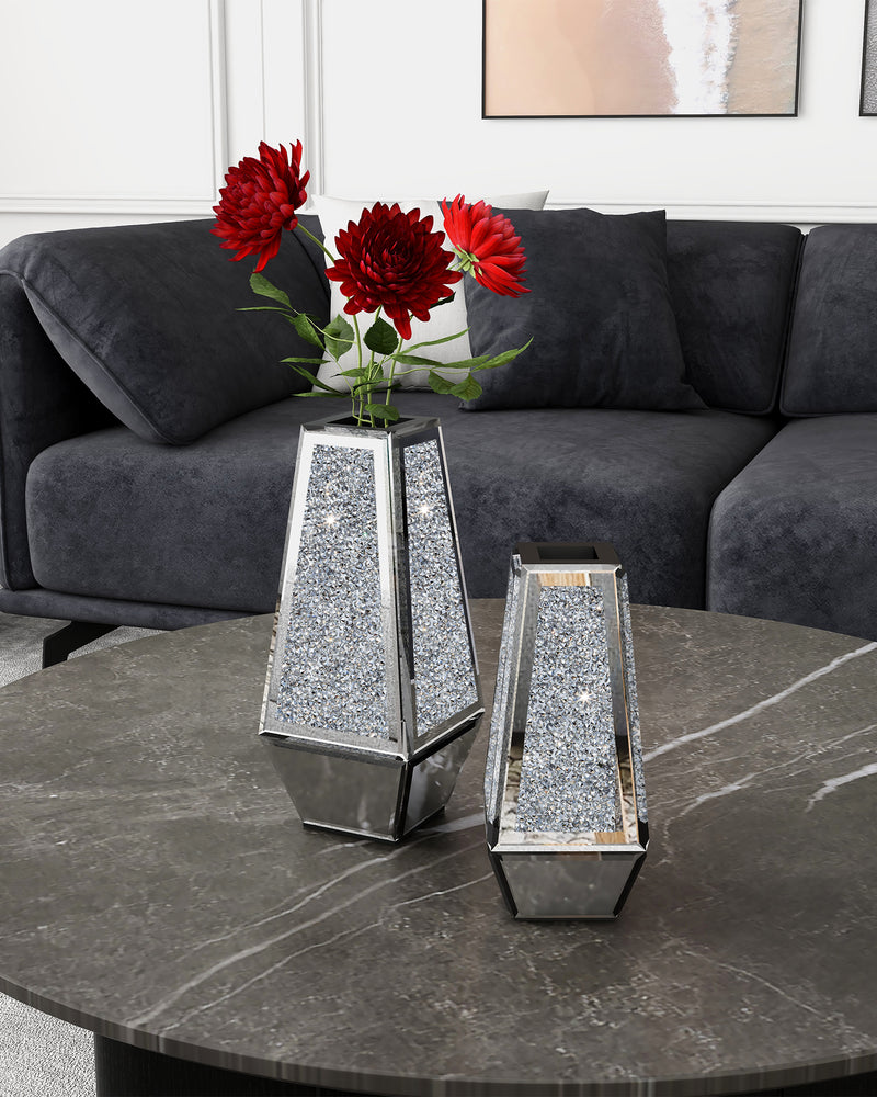Crushed Diamond Mirrored Vases Set of 2, Silver Glass Flower Vases