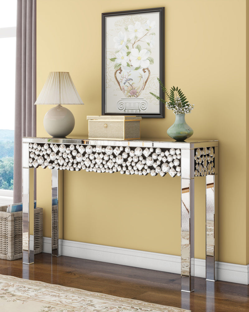 Glam Mirrored Entryway Table Console Table with Crystal Frame