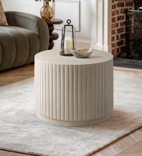 White Modern Round Fluted Drum Magnesium Oxide End Table