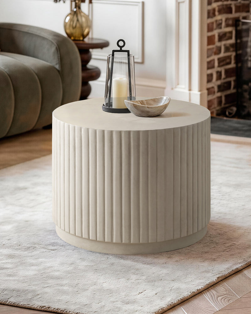 White Modern Round Fluted Drum Magnesium Oxide End Table