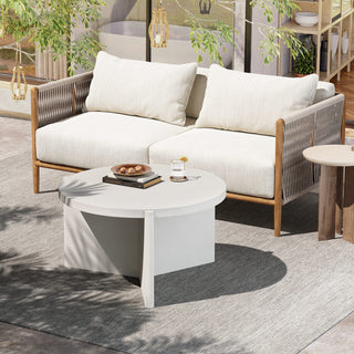 Modern Round White Coffee Table with Textured Finish Center Table