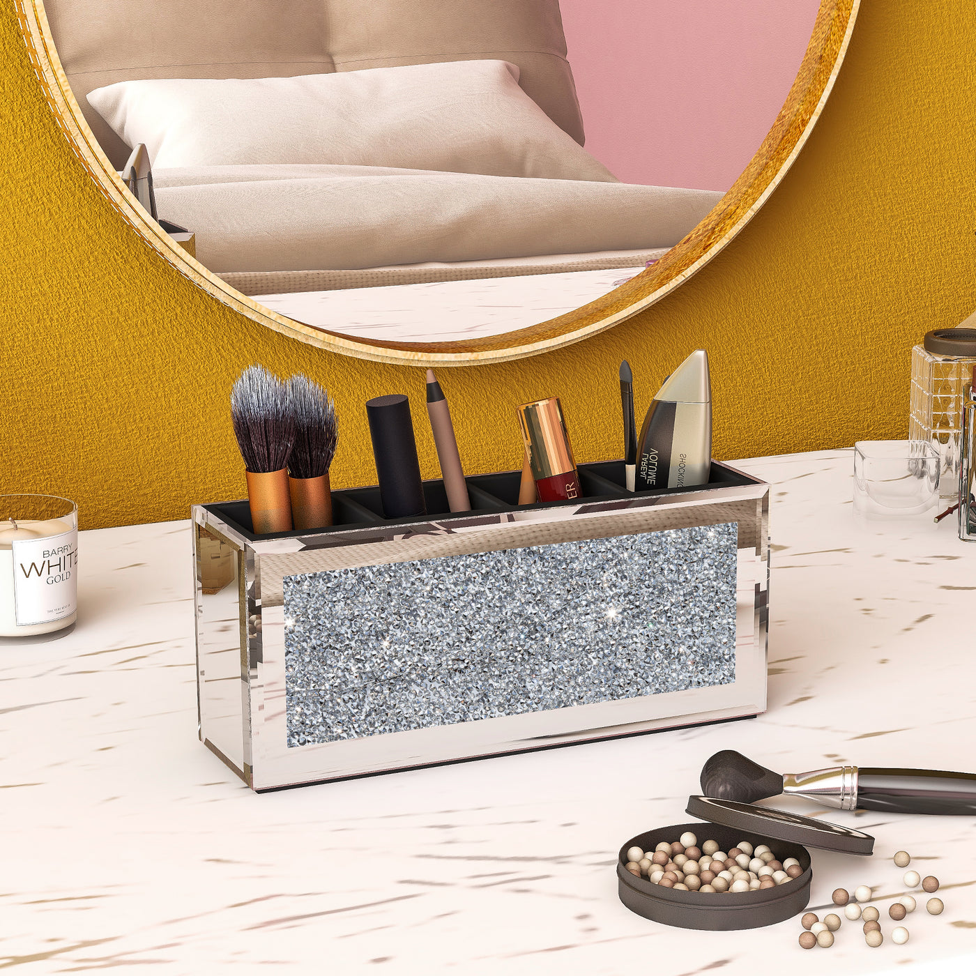 Crushed Diamond Three Compartments Deluxe Cosmetic Makeup Beauty Organizer