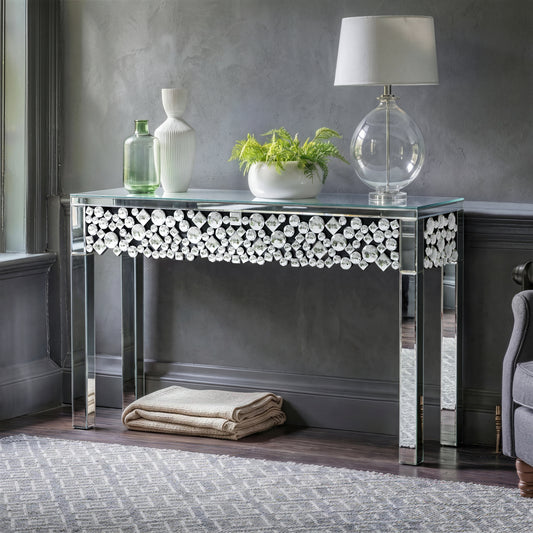 Glam Mirrored Entryway Table Console Table with Crystal Frame