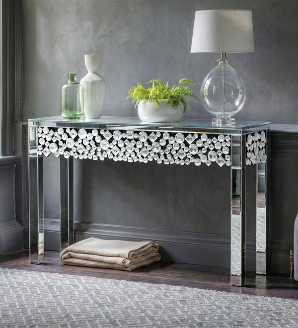 Glam Mirrored Entryway Table Console Table with Crystal Frame