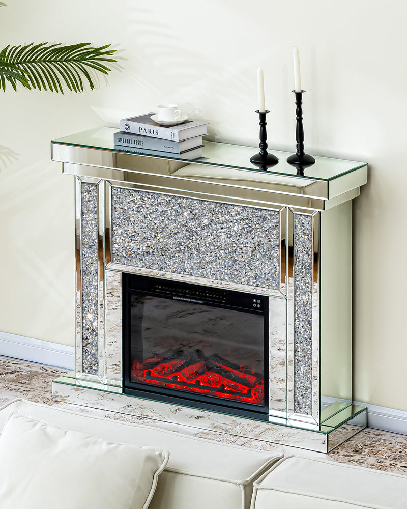 Electric Fireplace with Glass Mantel Surround, Crushed Diamonds inlay