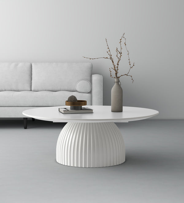 Modern Round Coffee Table, 35.4 inch White Drum Design