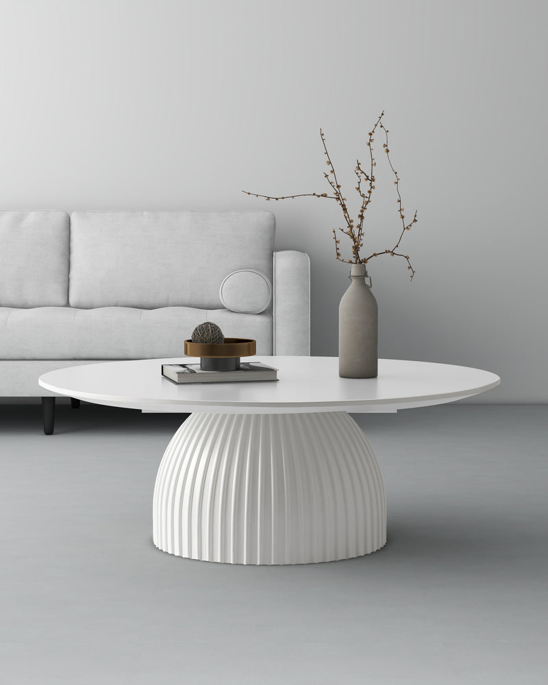 Modern Round Coffee Table, 35.4 inch White Drum Design