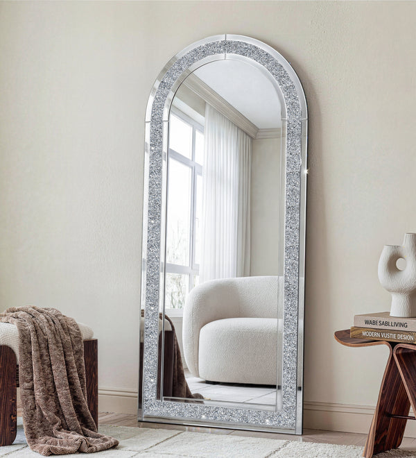 SHYFOY Glass Framed Arched-Top Floor Mirror with Crushed Diamond
