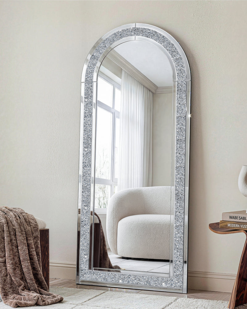 SHYFOY Glass Framed Arched-Top Floor Mirror with Crushed Diamond