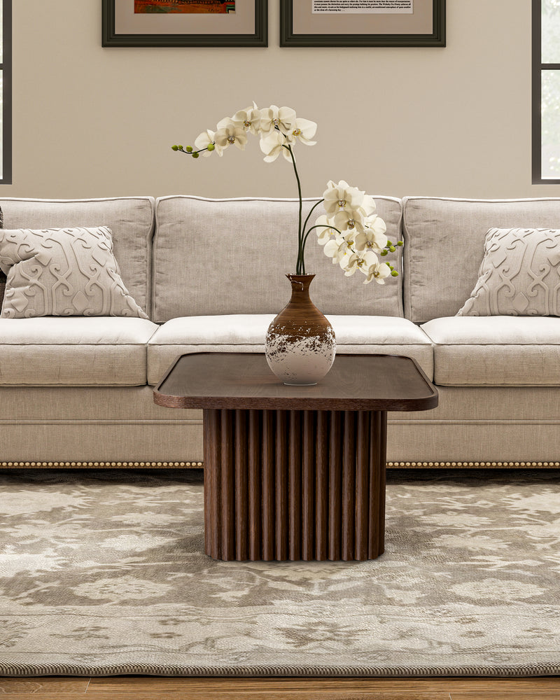 Square Wood Pedestal Coffee Table with Fluted Base