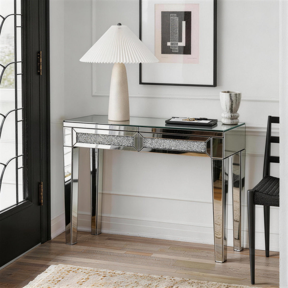 Mirrored Vanity Dresser with Drawers for Bedroom, Silver Make Up Table Inlay with Crushed Crystals