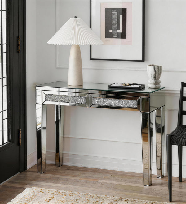 Mirrored Vanity Dresser with Drawers for Bedroom, Silver Make Up Table Inlay with Crushed Crystals