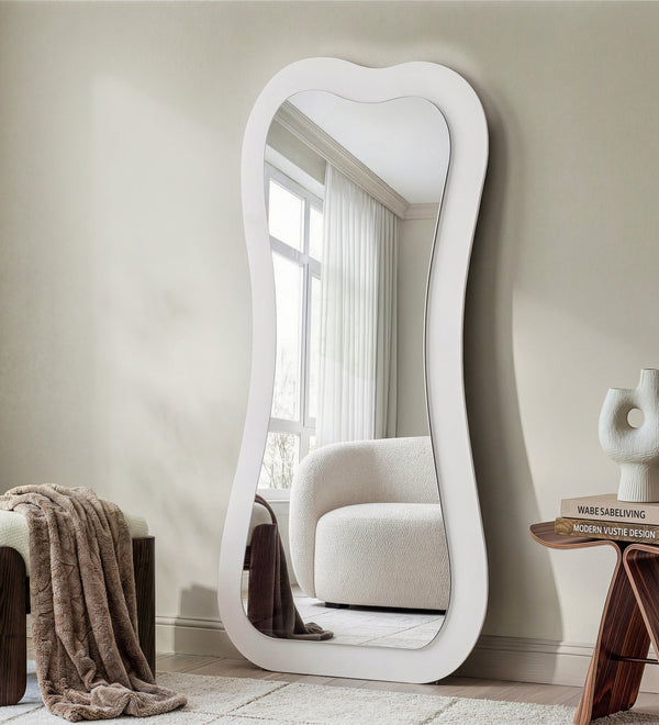 Modern Creative White Wood Floor Mirror with LED Home Furniture