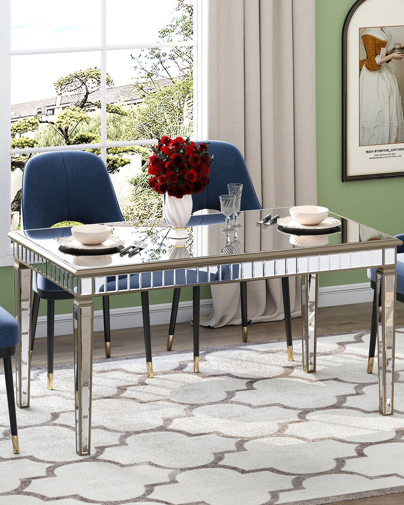 Glam Mirror Wood Rectangular Dining Table