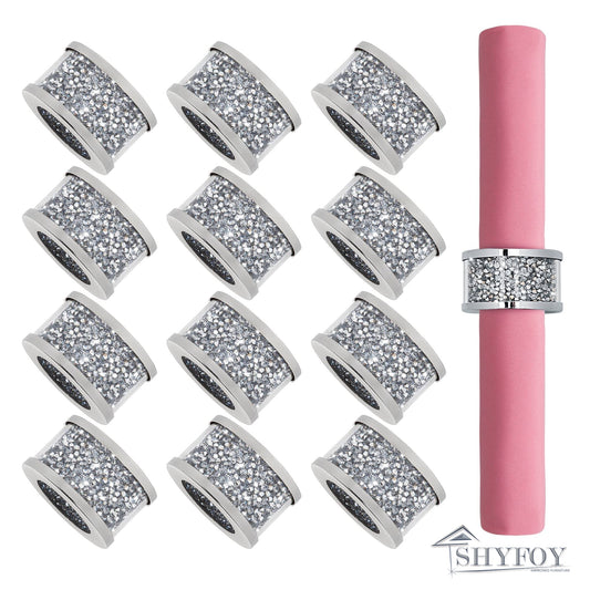 SHYFOY Napkin Rings Silver Set of 12, Bling Cloth Holder Napkin Ring Full of Crushed Diamond for Dinner Party,Wedding, Easter,Holiday,Christmas