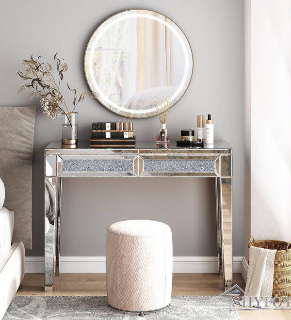 Mirrored Vanity Dresser with Drawers for Bedroom, Silver Make Up Table Inlay with Crushed Crystals