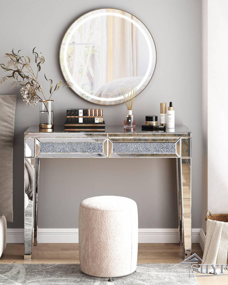 Mirrored Vanity Dresser with Drawers for Bedroom, Silver Make Up Table Inlay with Crushed Crystals