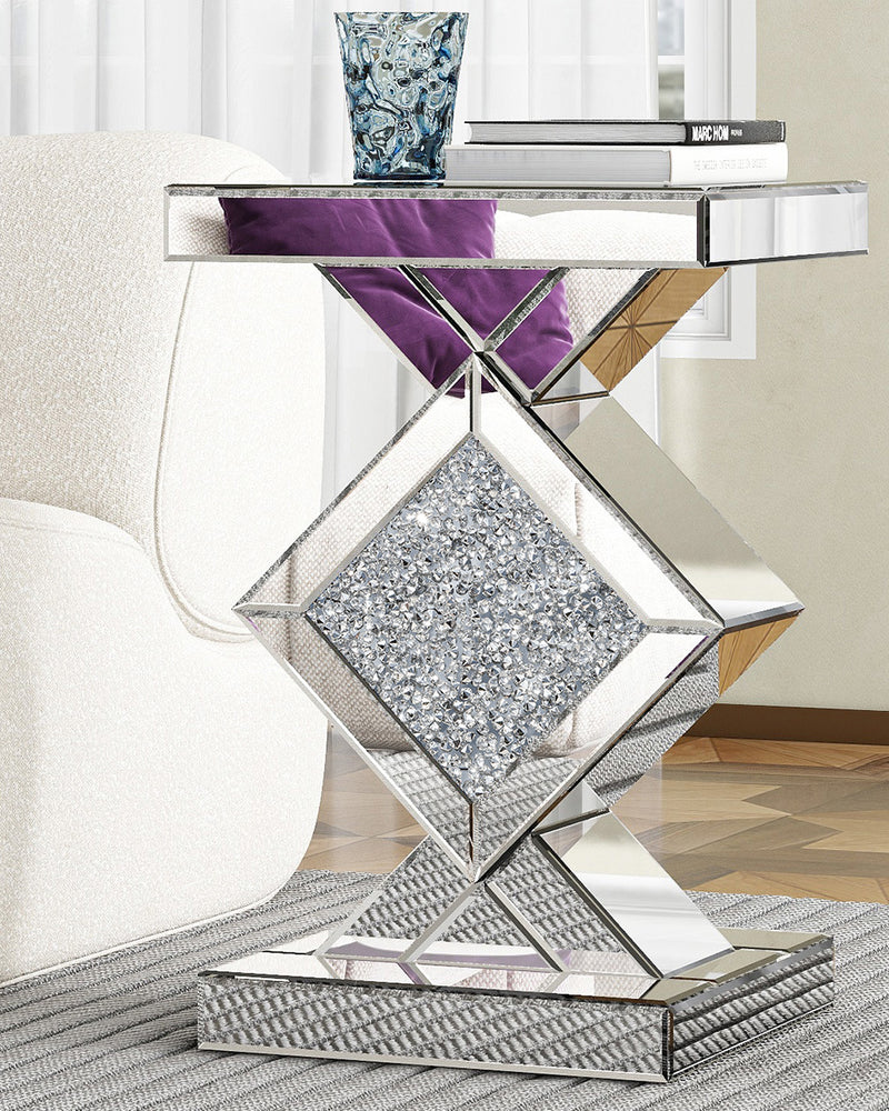 SHYFOY Mirrored Crushed Diamond Side Table Glass Mirror End Tables