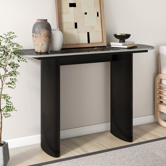 Black Marbled Wood Console Table Entryway Table with Fluted Base