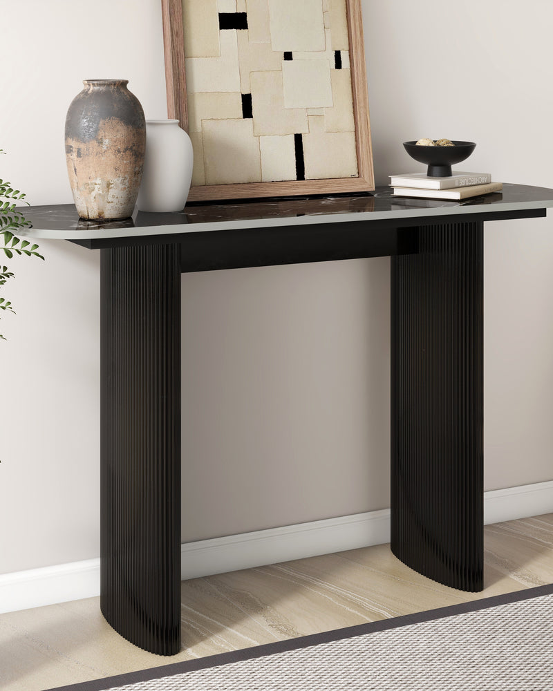 Black Marbled Wood Console Table Entryway Table with Fluted Base